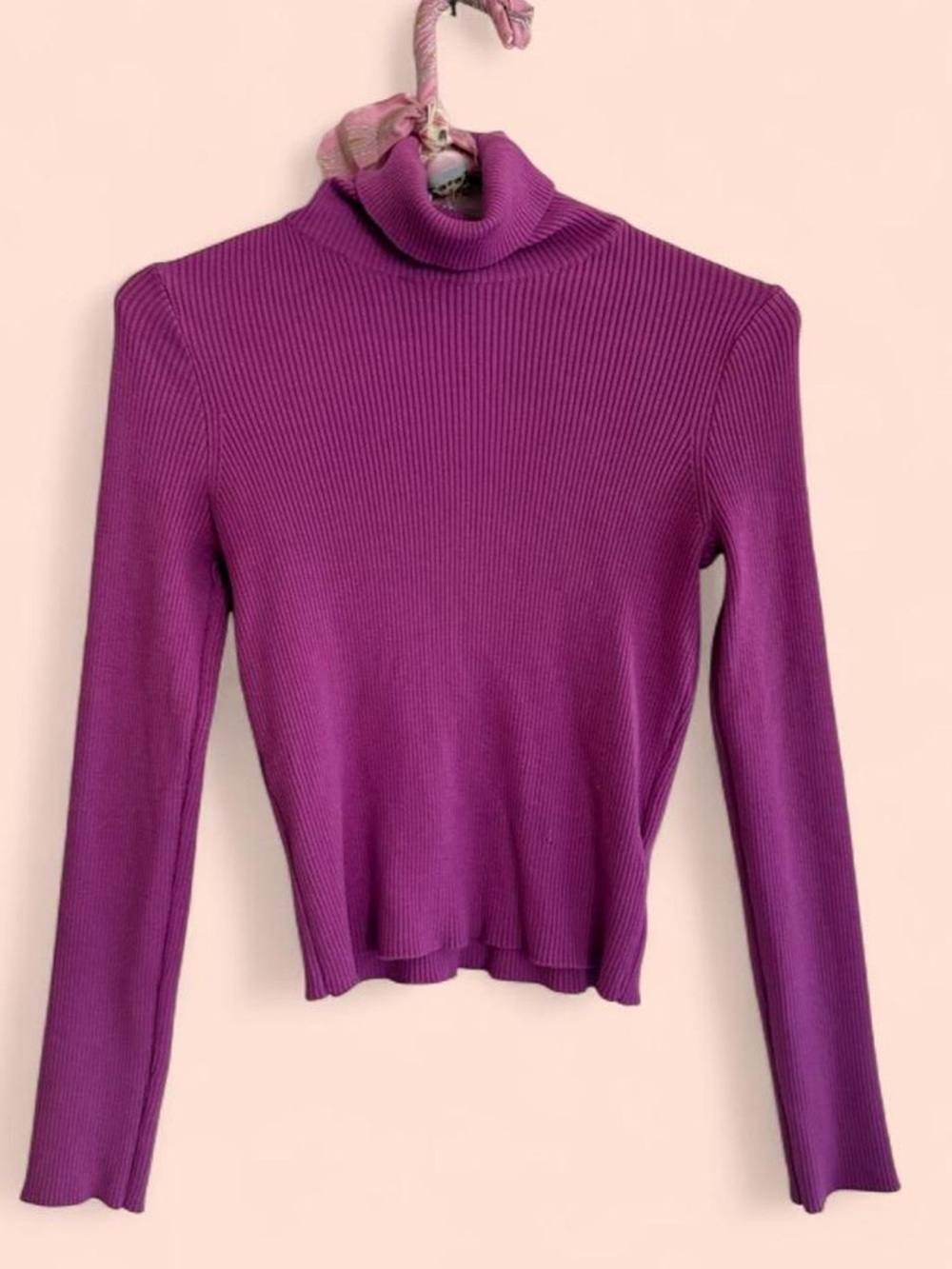 Plum Purple Ribbed Knit Fitted Turtleneck Neck Sweater M